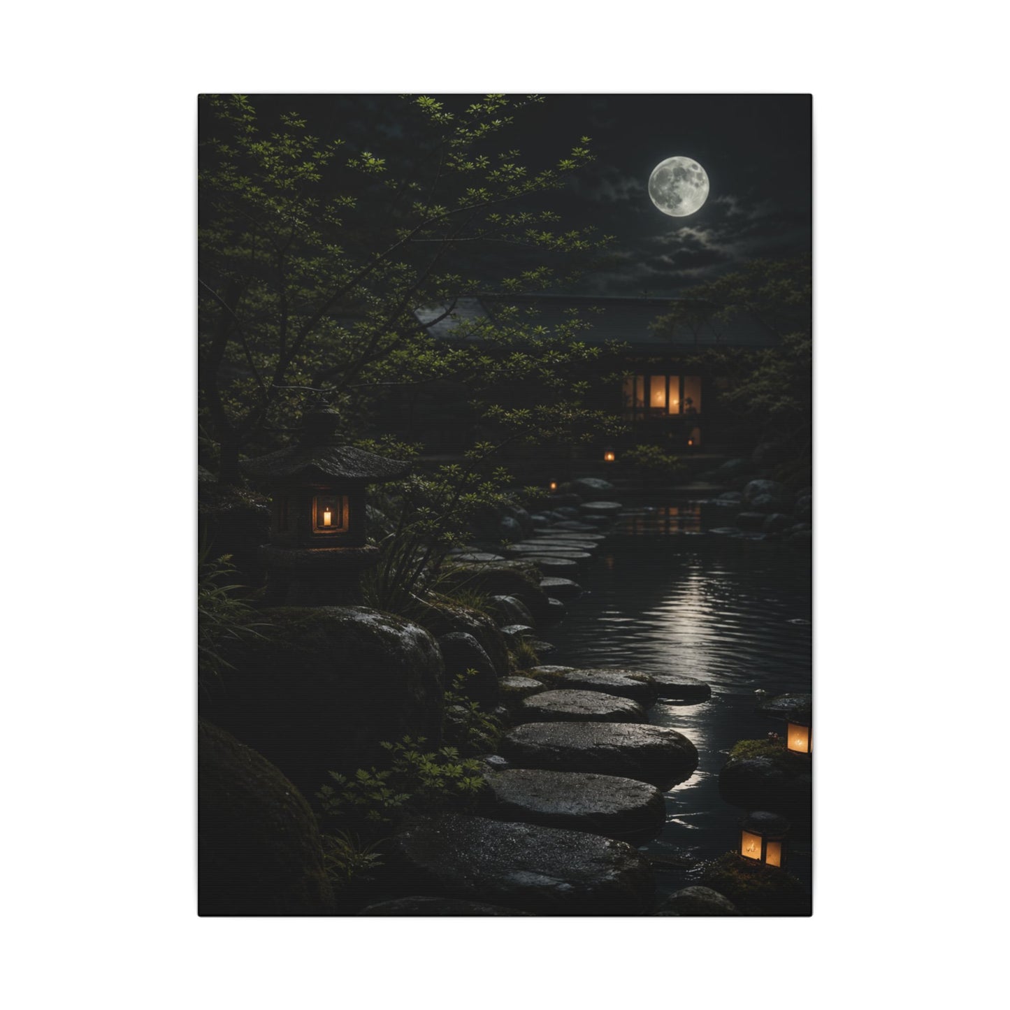Moonlit Garden Shadow Zen Canvas Art | Sophisticated Dark Japandi Art