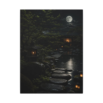 Moonlit Garden Shadow Zen Canvas Art | Sophisticated Dark Japandi Art