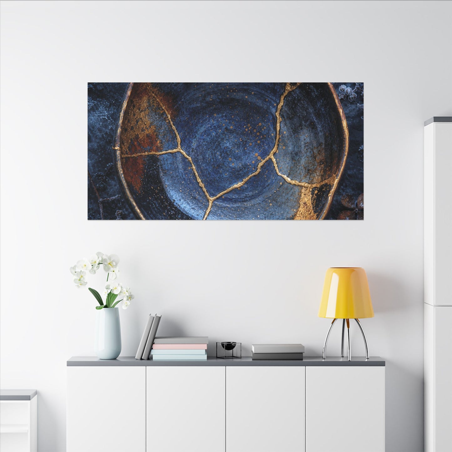 Kintsugi Ceramic Bowl in Moonlight | Crackle Gold Canvas Art