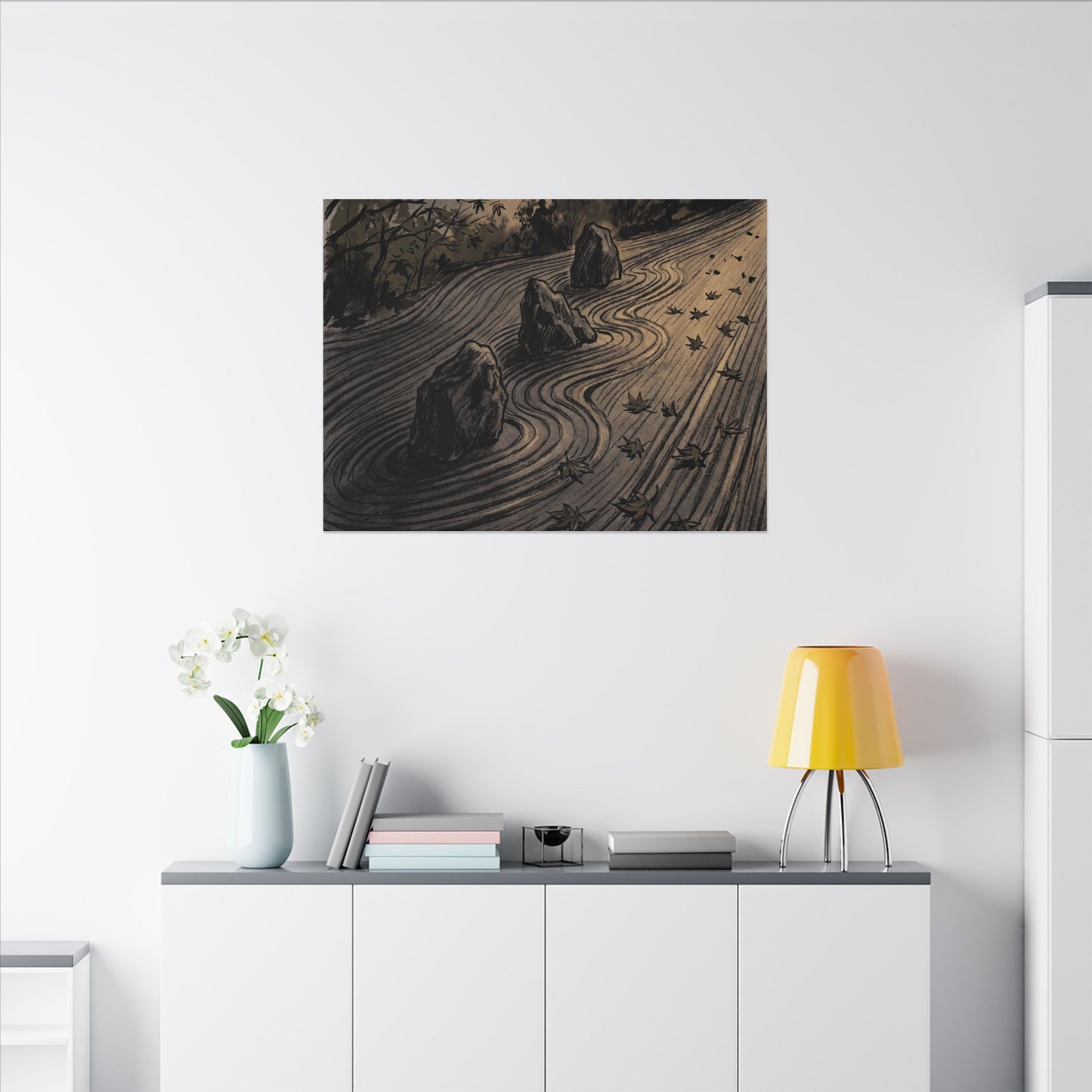 Rock Garden Canvas Art | Autumn Dark Japandi Charcoal Ink Art