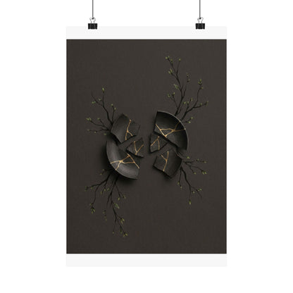 Dark Japandi Broken Pottery in Overcast | Charcoal Ink Wall Art Print