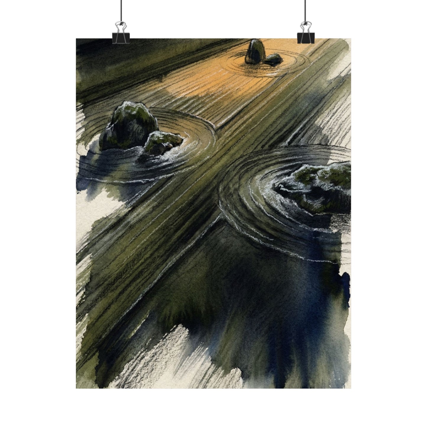 Golden Hour Rock Garden Wall Art Print - Dark Japandi Ma