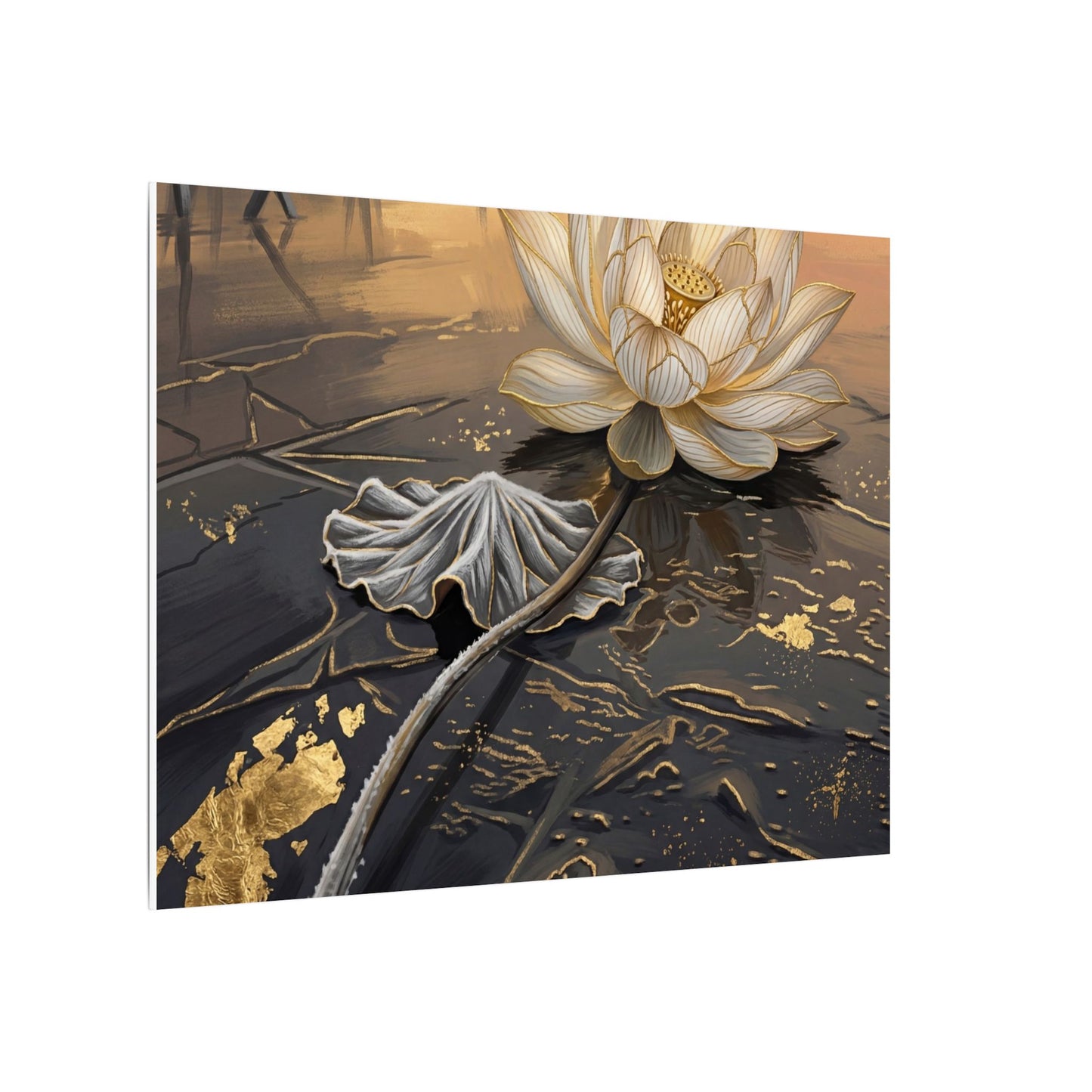 Kintsugi Lotus Flower in Golden Hour | Gold Vein Canvas Art
