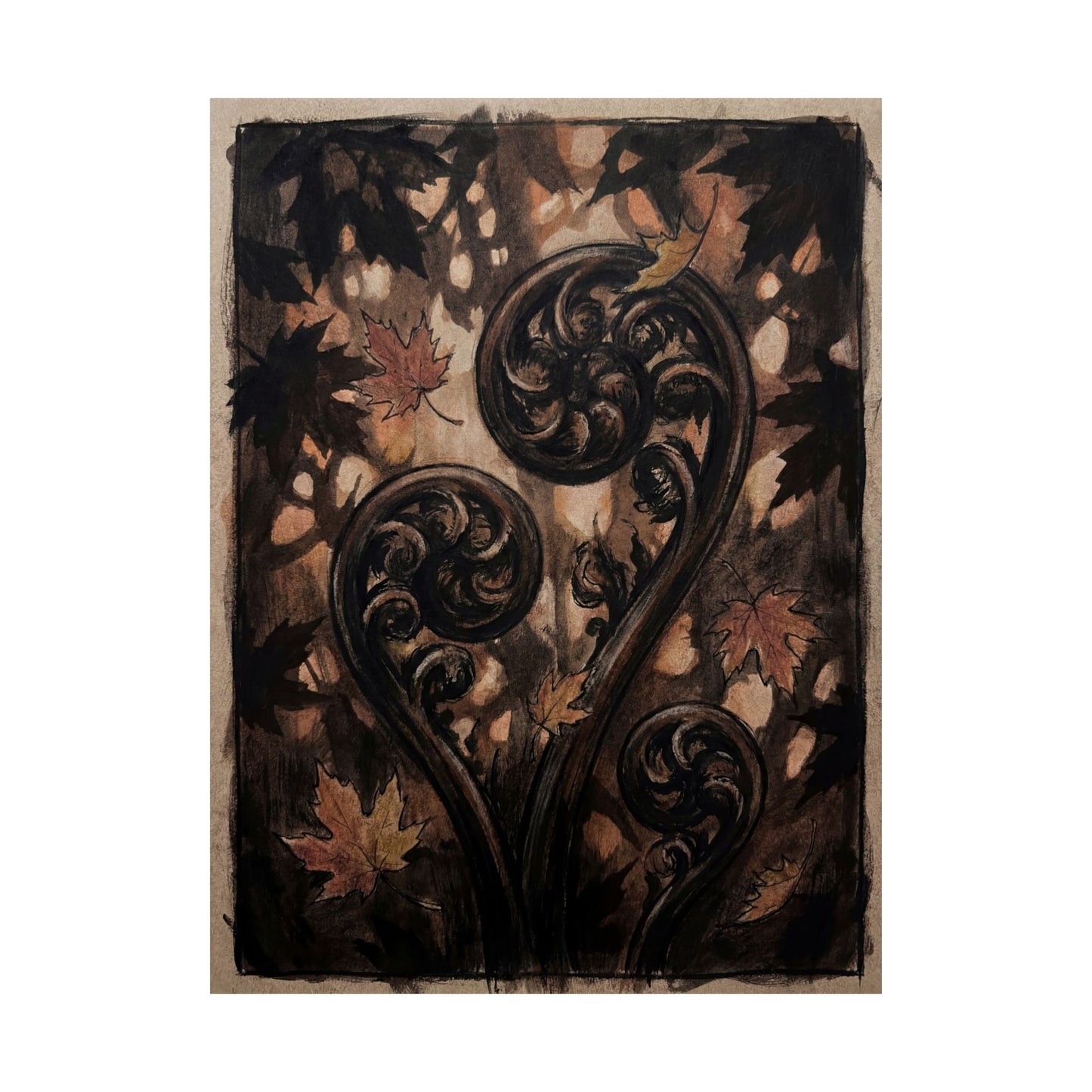 Fern Unfurling Autumn Wall Art Print | Dark Japandi Sophisticated Design