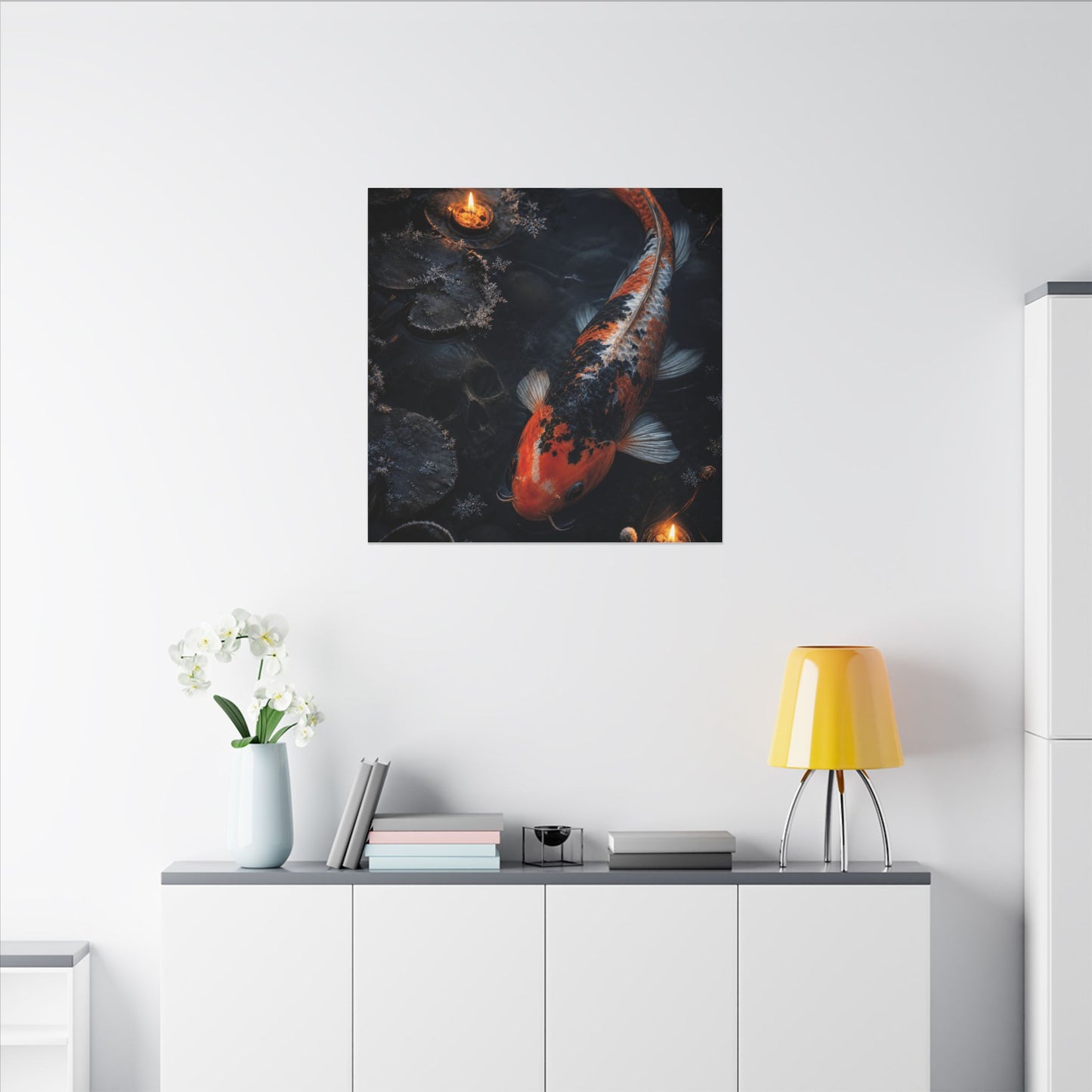 Koi Pond Canvas Art | Winter Dark Japandi Shadow Zen Art