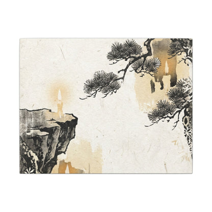 Japandi Pine Tree in Candlelight | Japanese Pattern Canvas Art