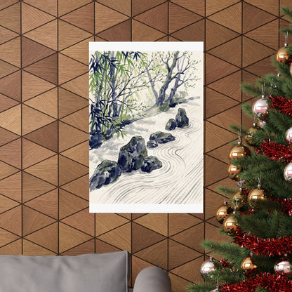 Zen Rock Garden in Dappled | Sumi E Wall Art Print