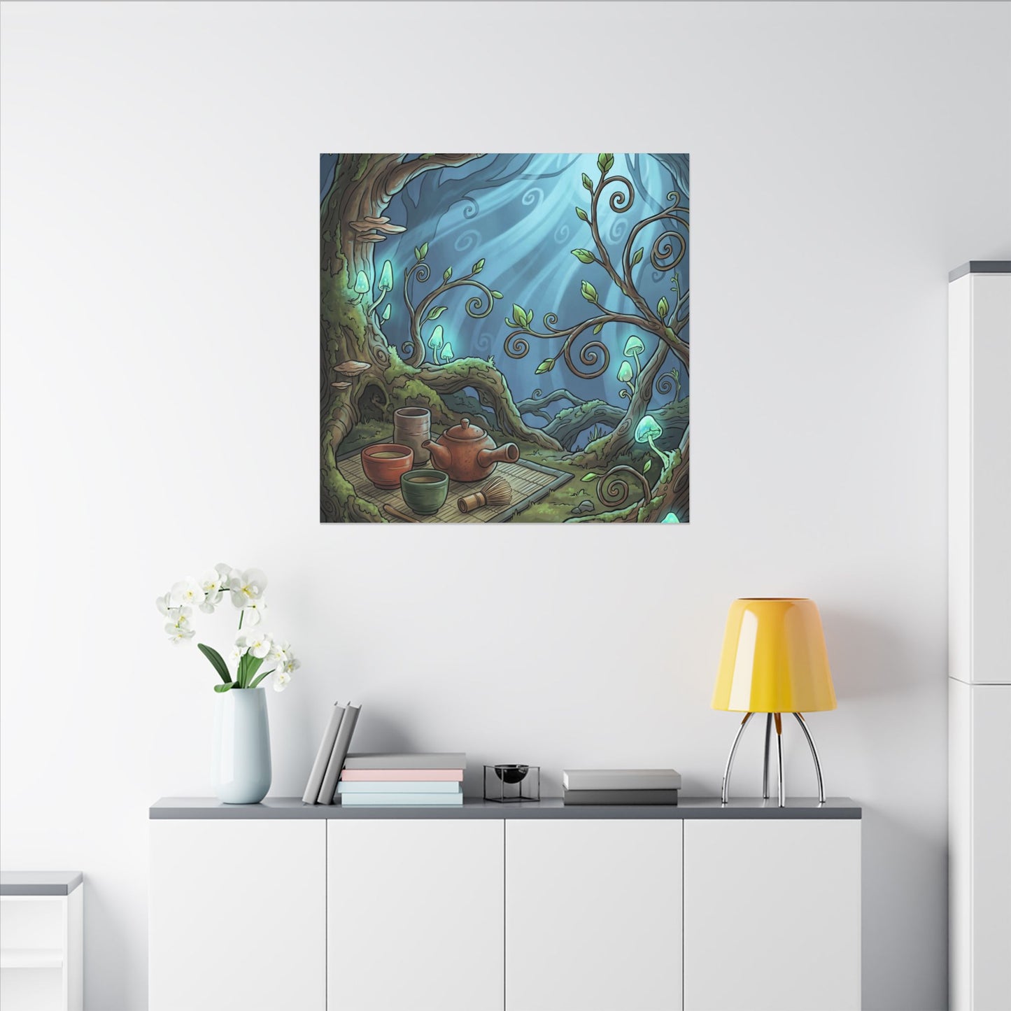 Spring Tea Ceremony Forest Whimsy Canvas Art | Cozy Decor