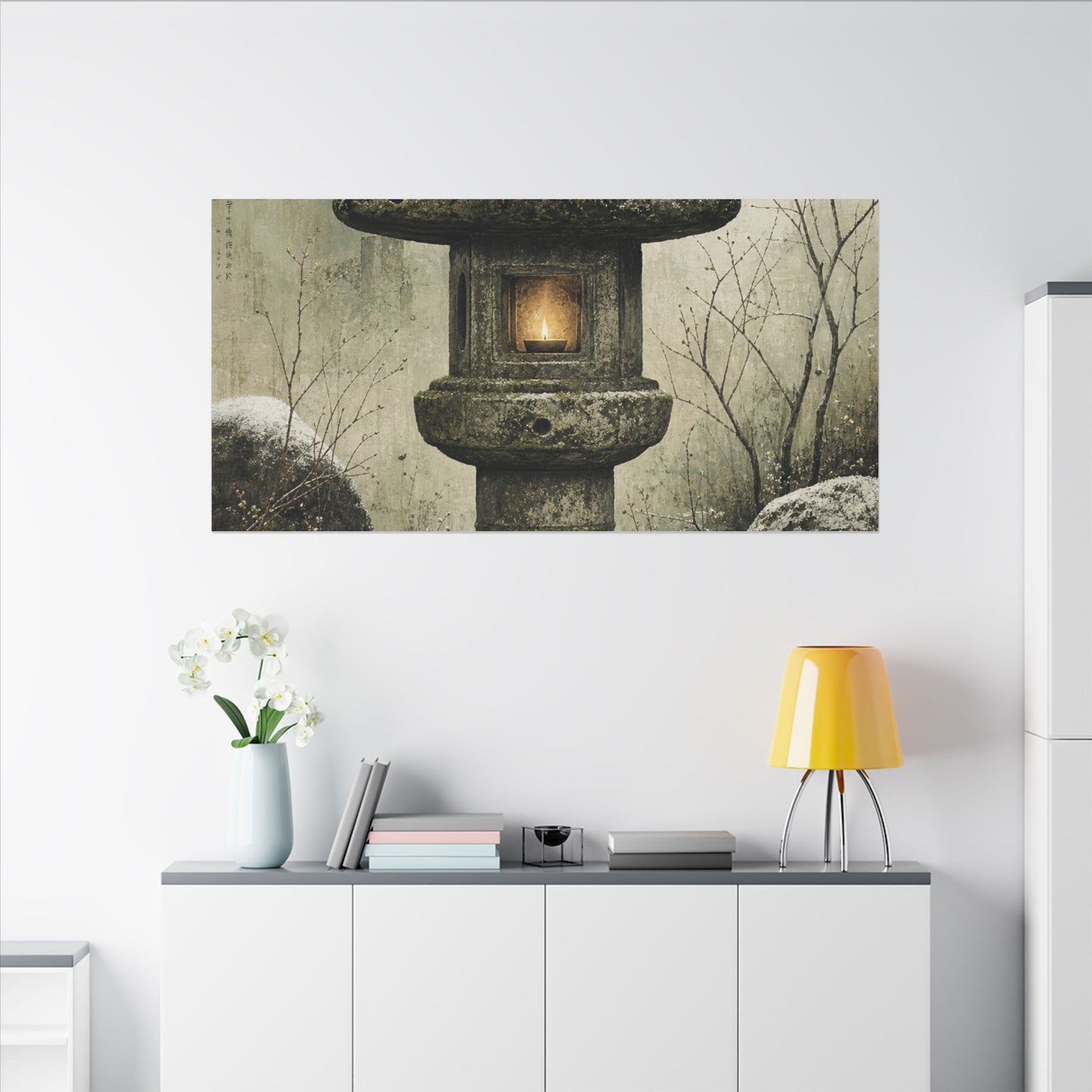 Stone Lantern Winter Canvas Art | Japandi Neutral Design