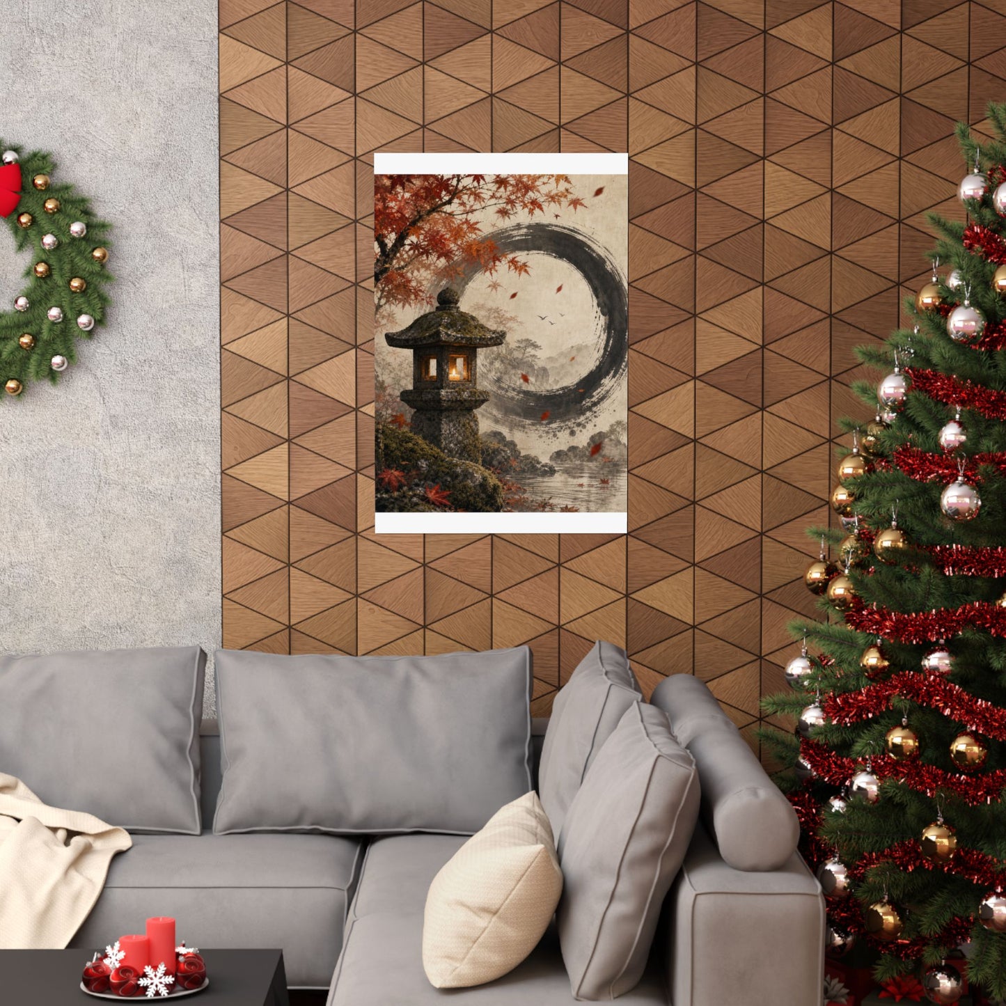 Autumn Stone Lantern Enso Wall Art Print | Serene Decor