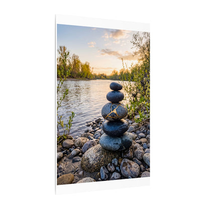 Kintsugi River Stones in Golden Hour | Gold Vein Canvas Art