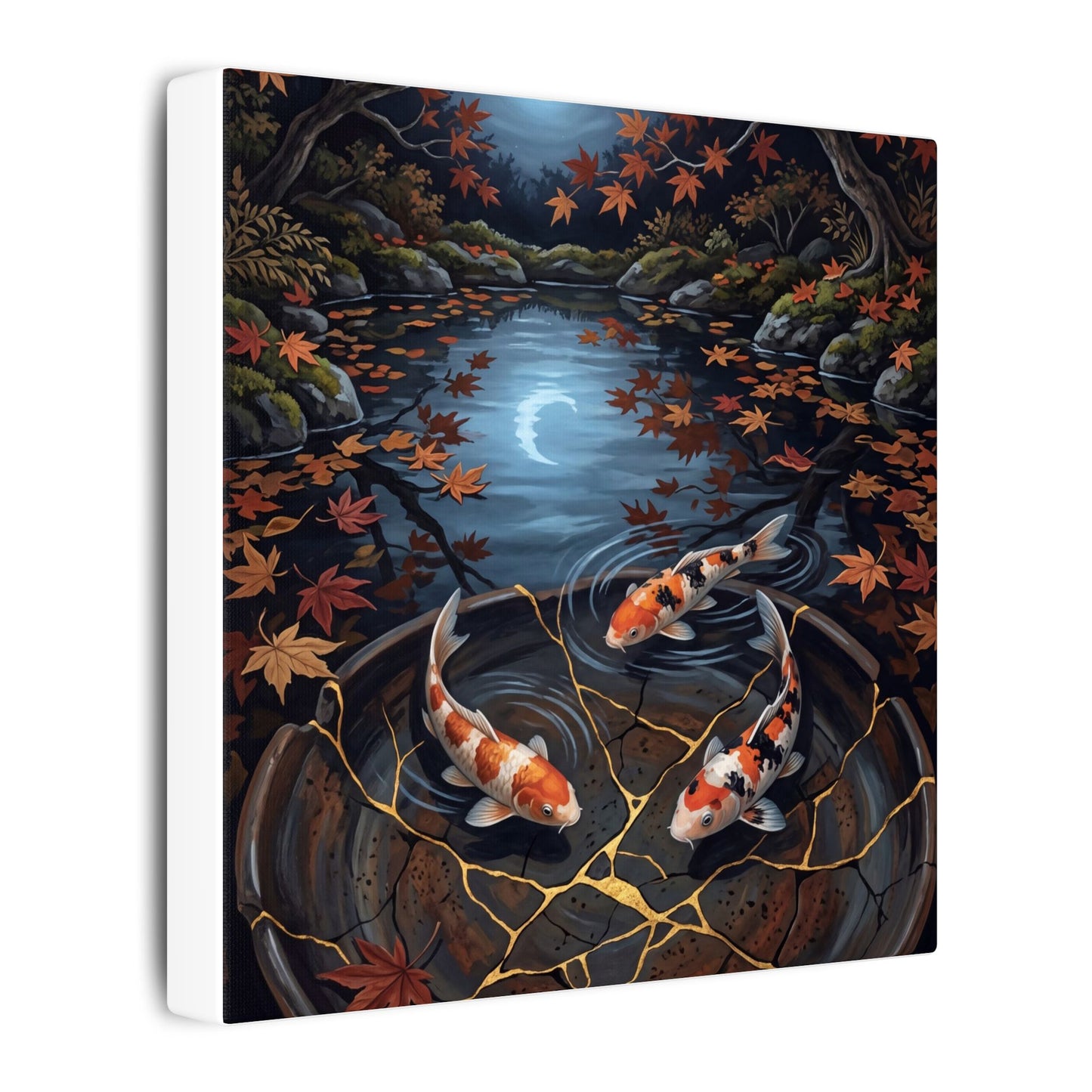 Koi Pond Canvas Art | Autumn Kintsugi Gold Repair Art