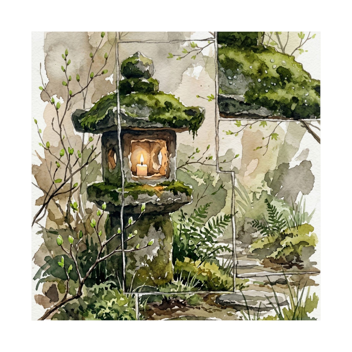 Stone Lantern Spring Wall Art Print | Japandi Neutral Design