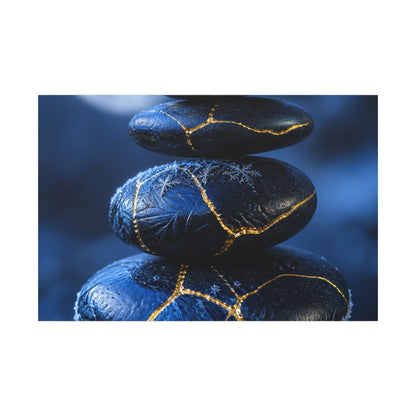 River Stones Canvas Art | Winter Kintsugi Gold Repair Art