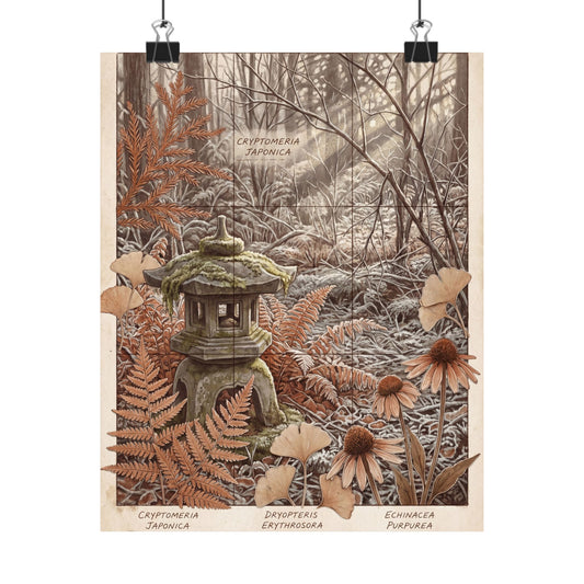 Seijaku Stone Lantern Wall Art Print - Cottagecore Herbarium Art Print