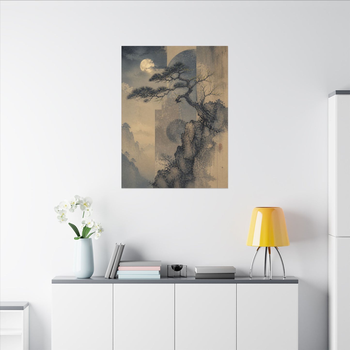 Japandi Pine Tree in Moonlight | Japanese Pattern Canvas Art