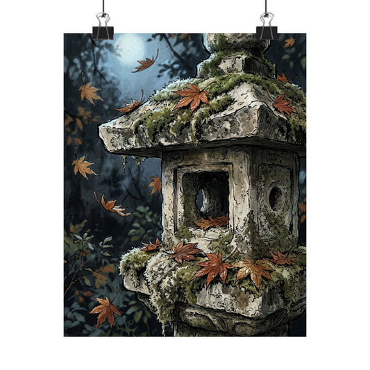 Autumn Stone Lantern Minimal Line Wall Art Print | Warm Decor