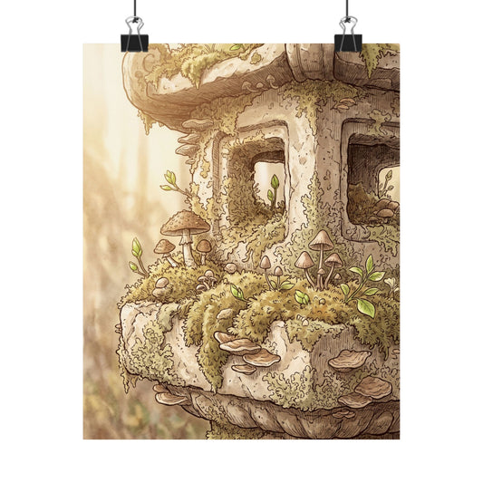 Golden Hour Stone Lantern Wall Art Print - Cottagecore Shibui
