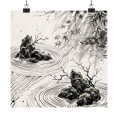 Winter Rock Garden Sumi E Wall Art Print | Serene Decor