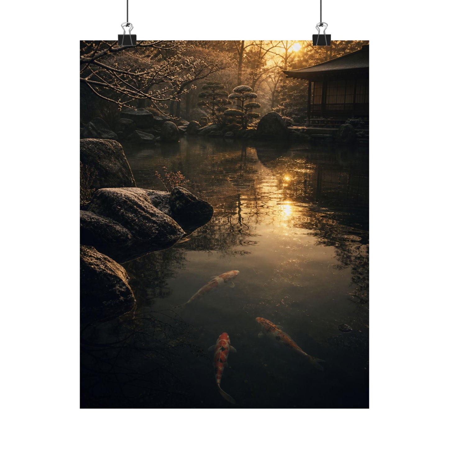 Dark Japandi Koi Pond in Golden Hour | Shadow Zen Wall Art Print
