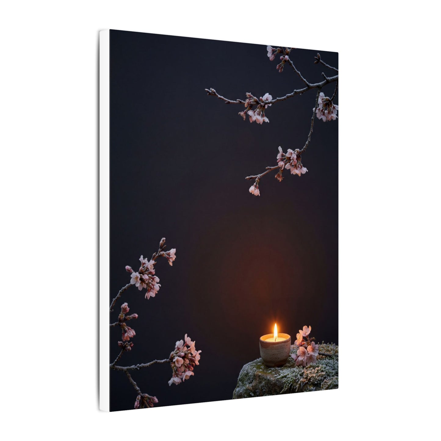 Dark Japandi Cherry Blossom in Candlelight | Moody Minimal Canvas Art