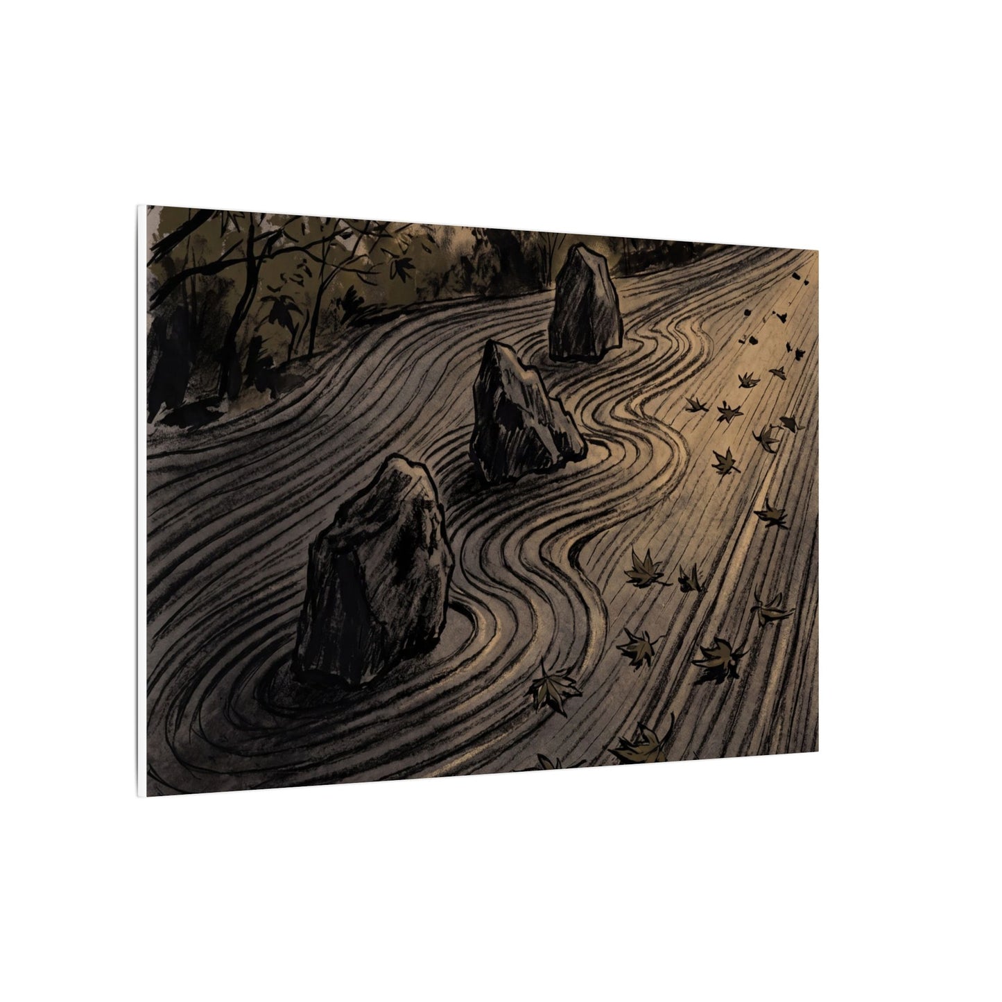 Rock Garden Canvas Art | Autumn Dark Japandi Charcoal Ink Art