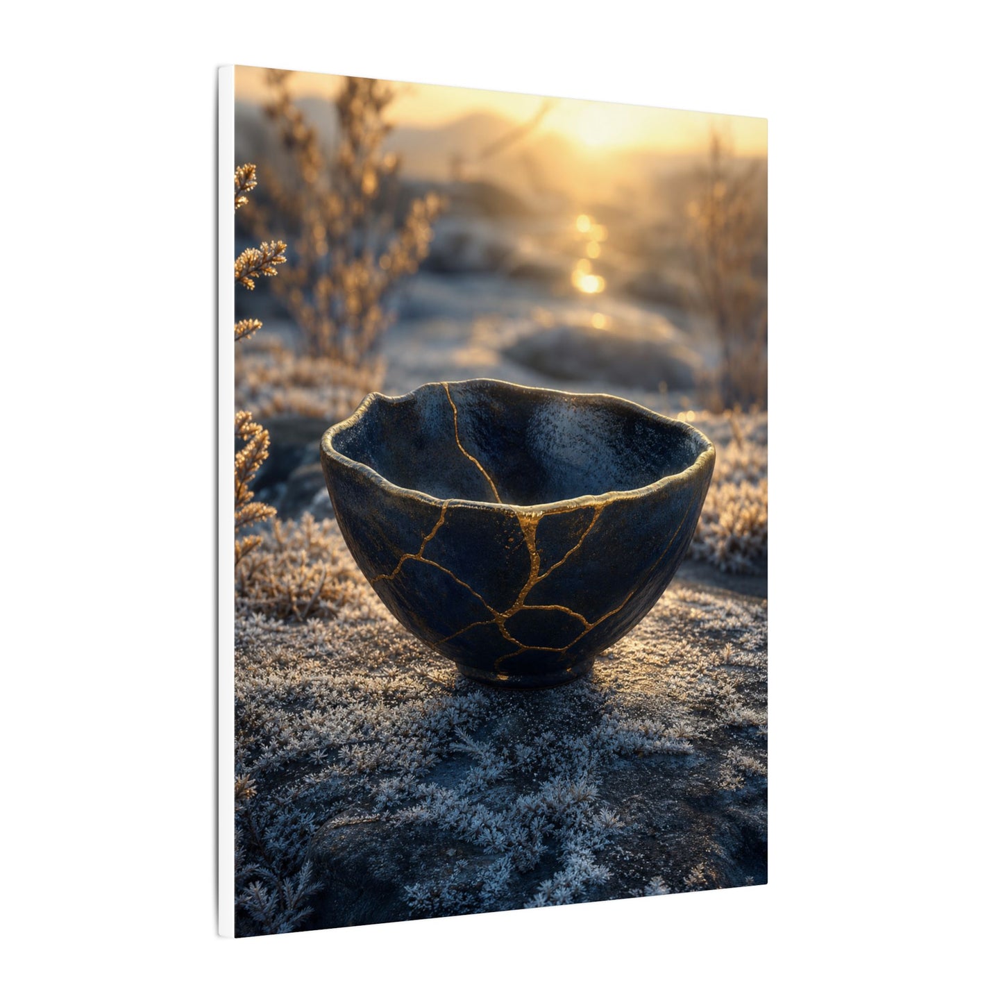 Ceramic Bowl Canvas Art | Winter Kintsugi Gold Repair Art