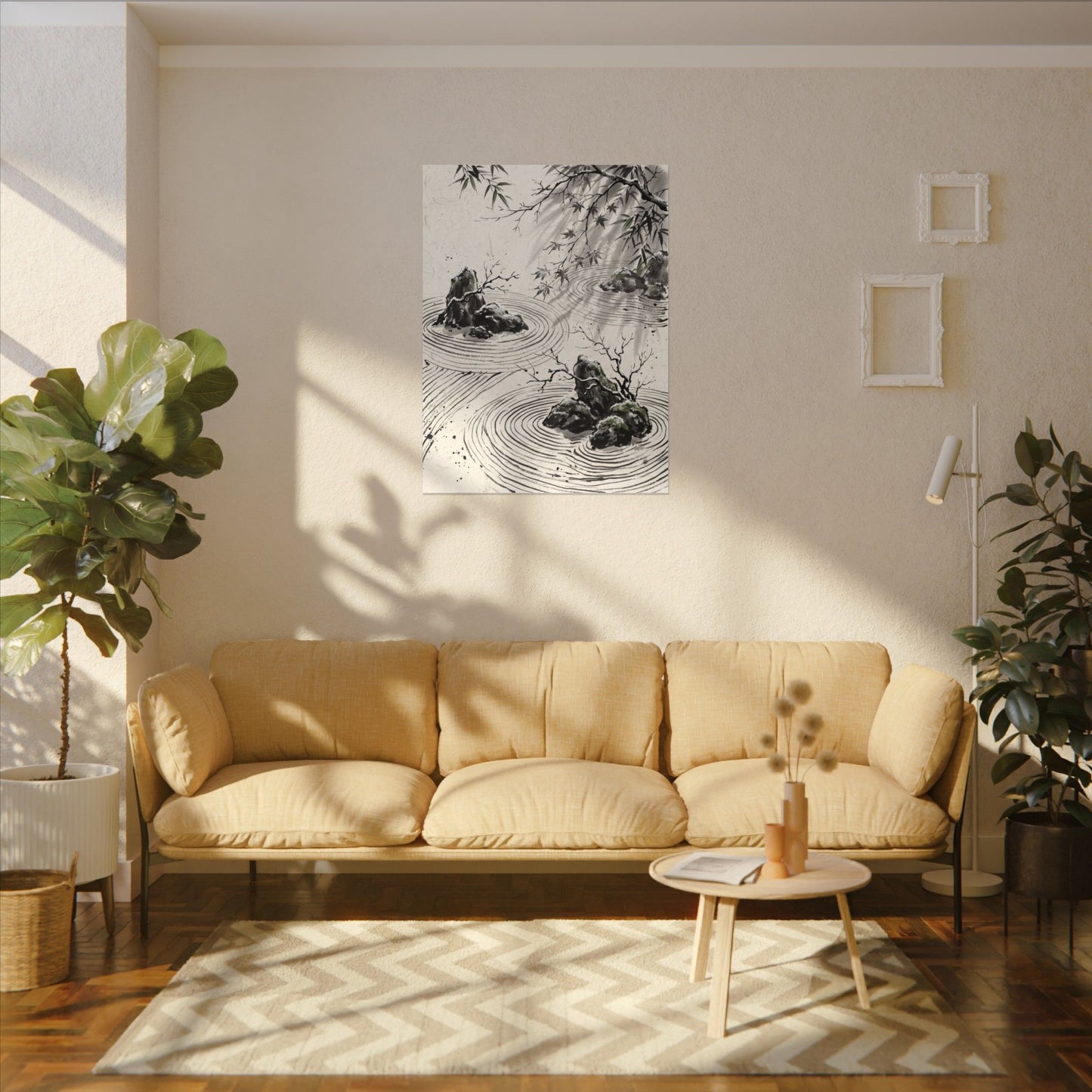 Rock Garden Canvas Art | Winter Zen Sumi E Art