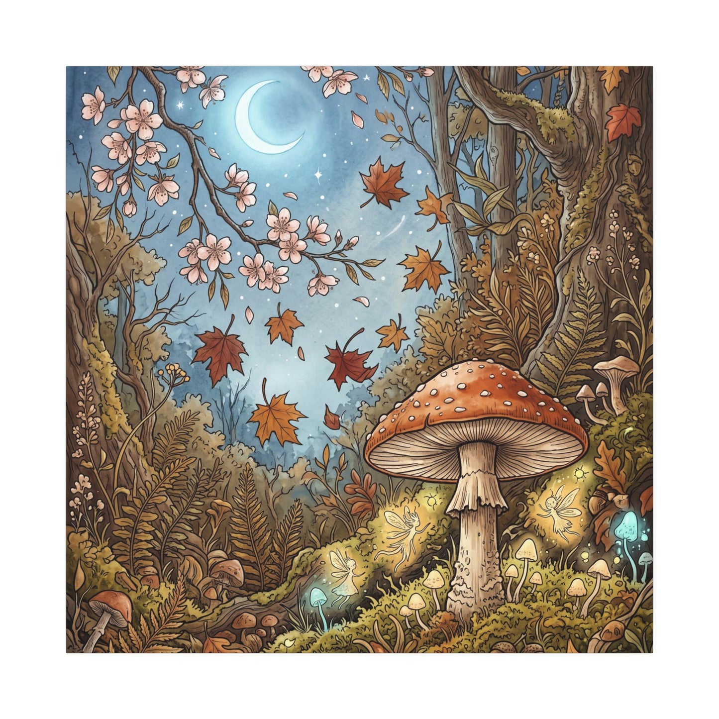 Autumn Cherry Blossom Mushroom Illustration Canvas Art | Enchanting Decor