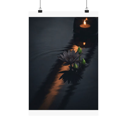 Candlelight Lotus Flower Wall Art Print - Dark Japandi Seijaku