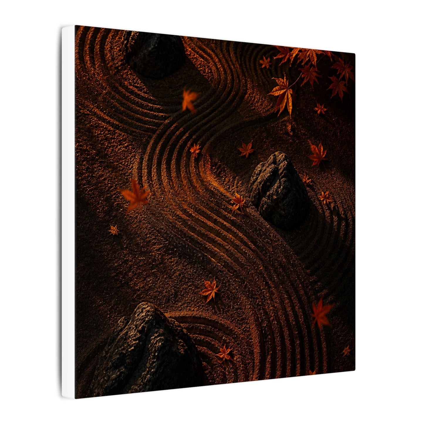 Dark Japandi Rock Garden in Golden Hour | Charcoal Ink Canvas Art