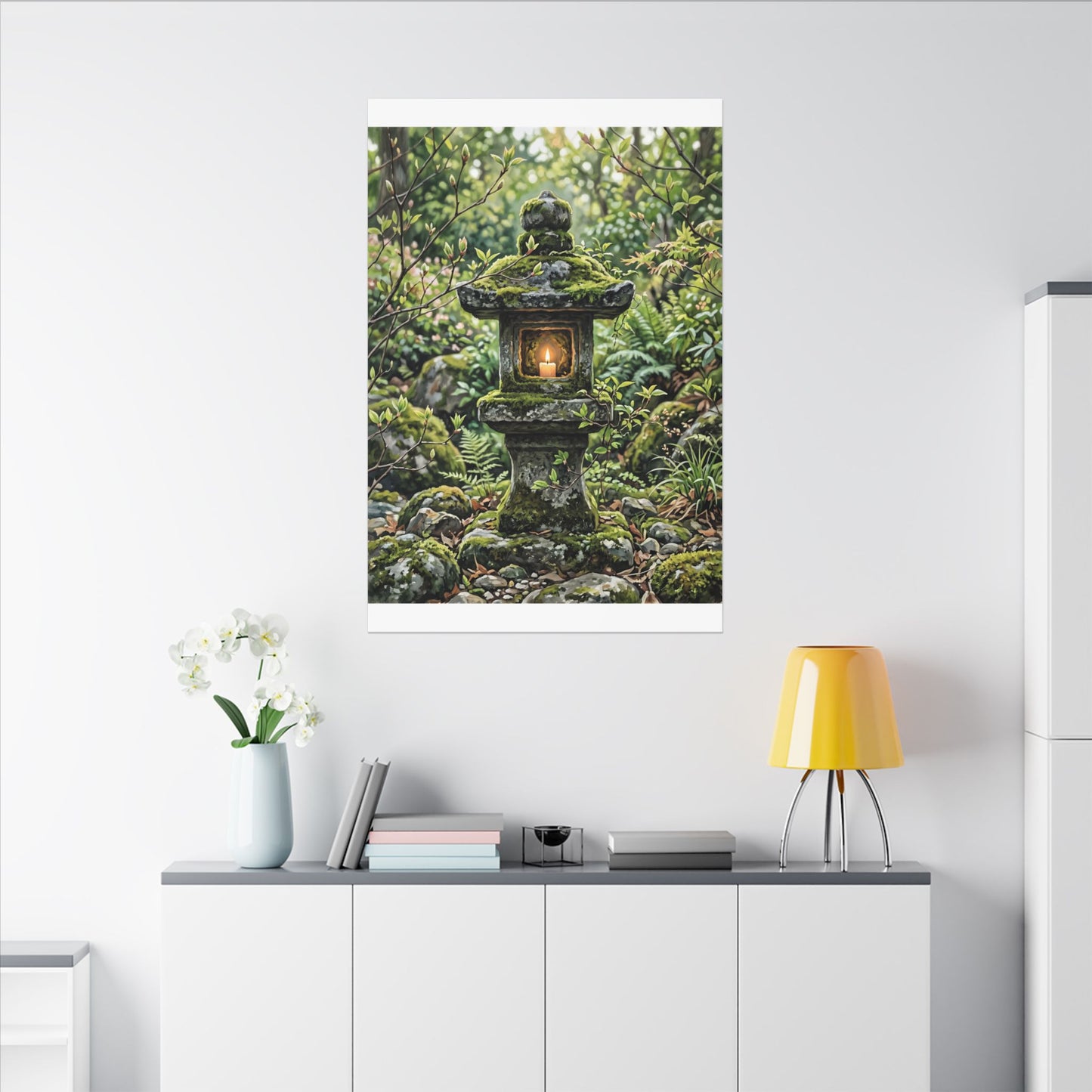 Neutral Stone Lantern Canvas Art - Japanese Pattern Japandi