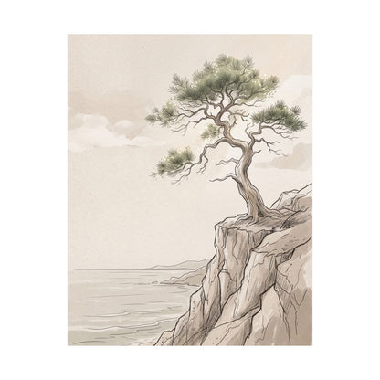 Neutral Pine Tree Wall Art Print - Minimal Line Japandi