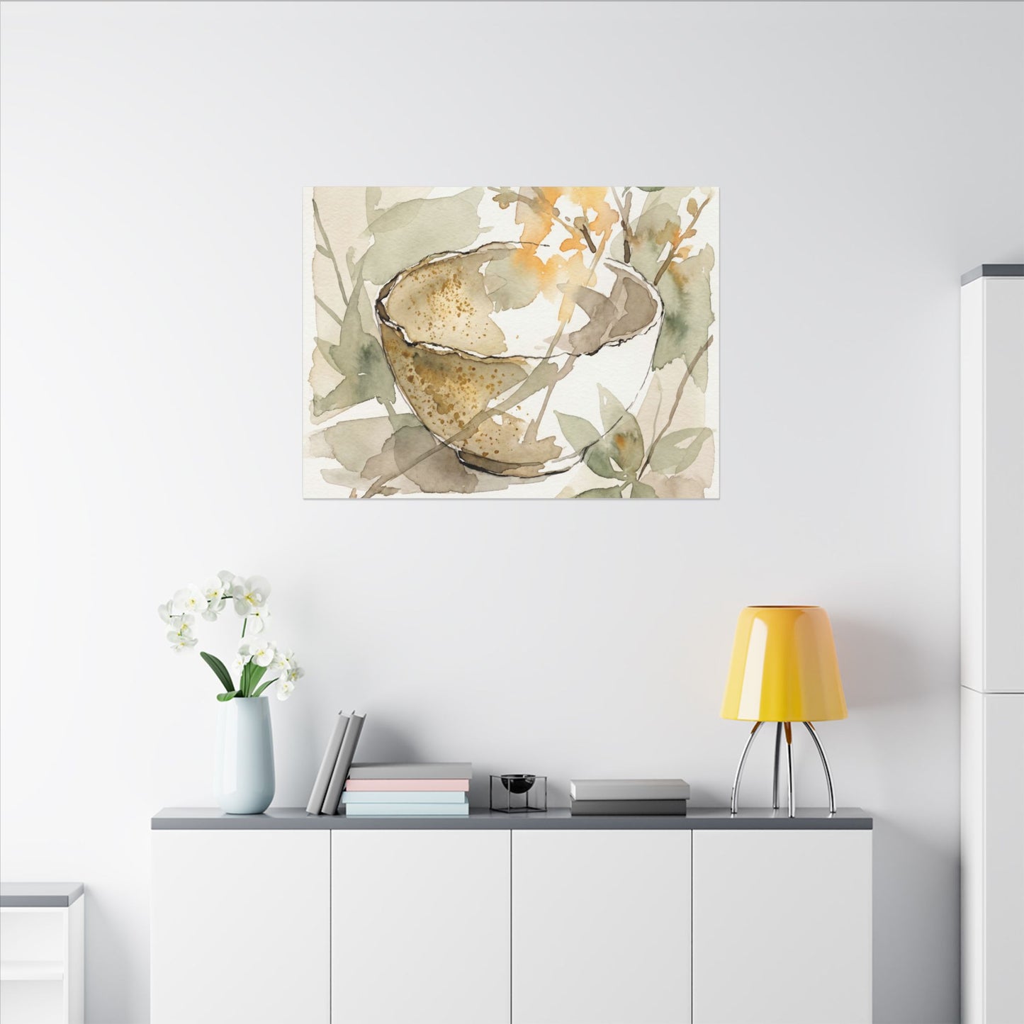 Spring Ceramic Bowl Watercolor Canvas Art | Neutral Decor