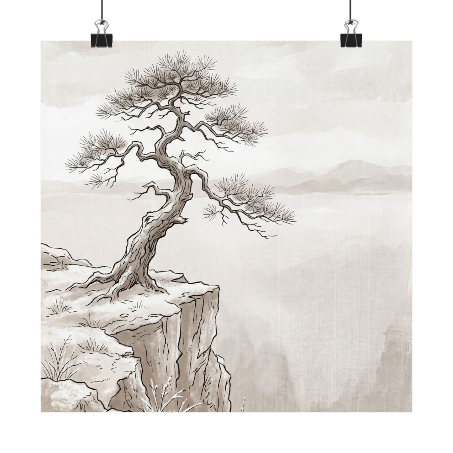 Japandi Pine Tree in Overcast | Minimal Line Wall Art Print