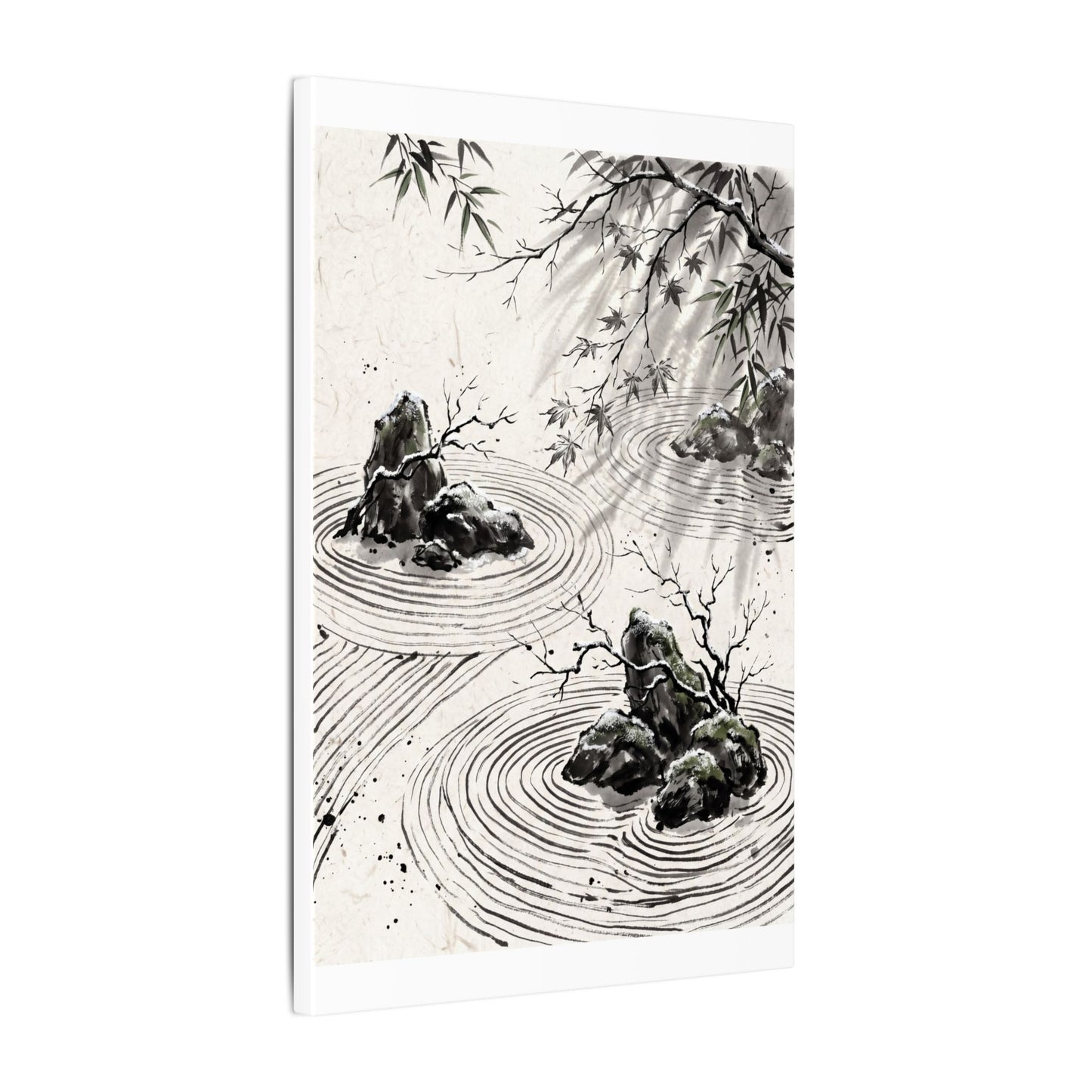 Rock Garden Canvas Art | Winter Zen Sumi E Art