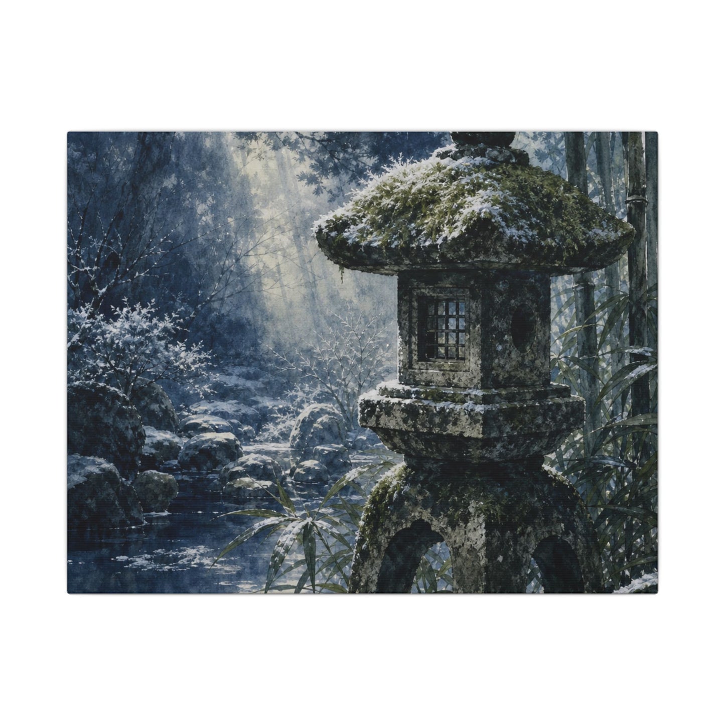 Zen Stone Lantern in Dappled | Sumi E Canvas Art