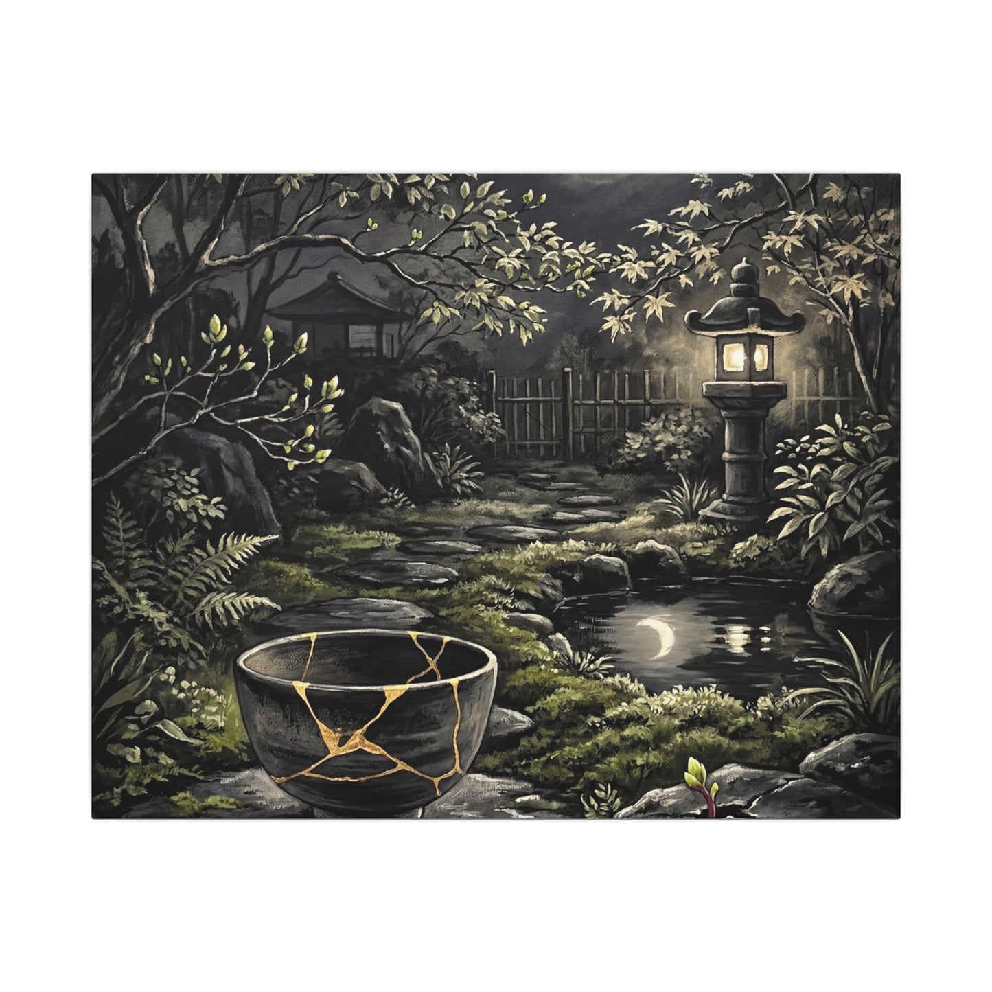 Kintsugi Moonlit Garden in Dappled | Gold Repair Canvas Art Art Print