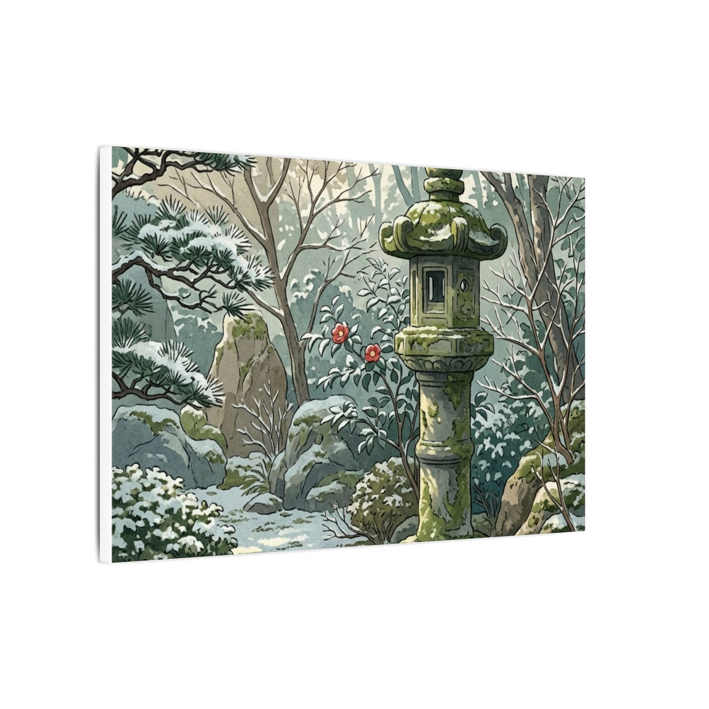 Stone Lantern Winter Canvas Art | Japandi Warm Design