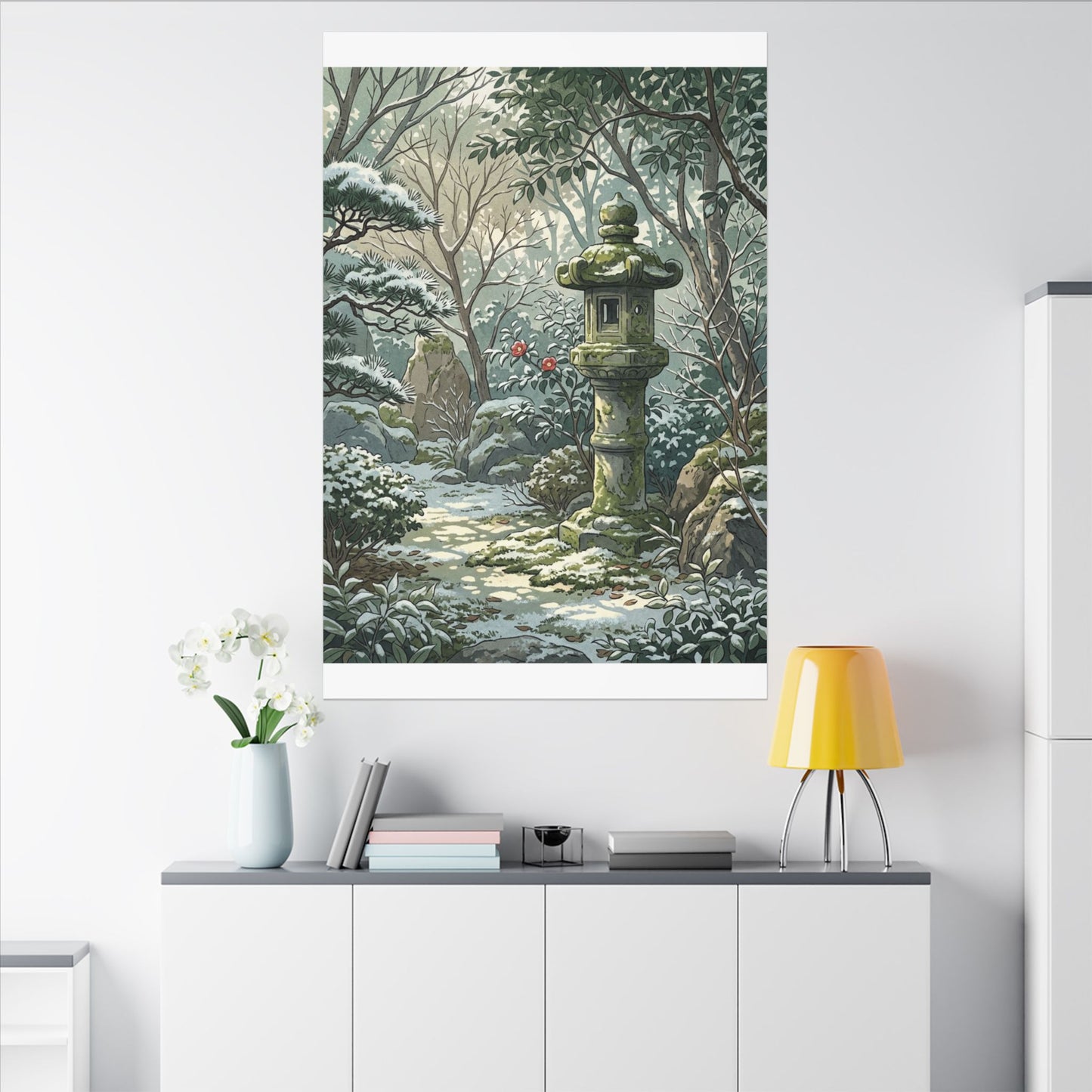 Stone Lantern Winter Canvas Art | Japandi Warm Design