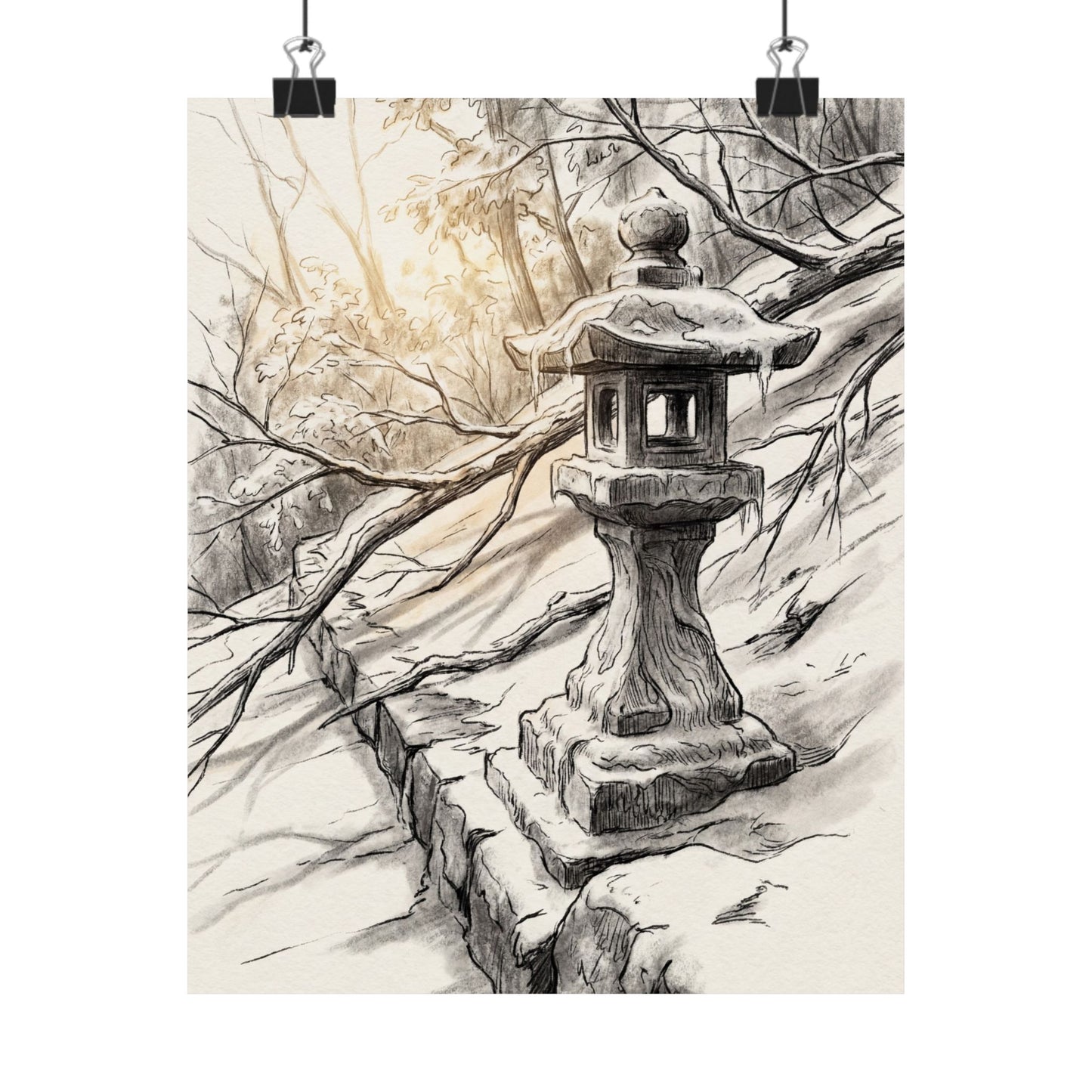 Japandi Stone Lantern in Golden Hour | Minimal Line Wall Art Print Art Print