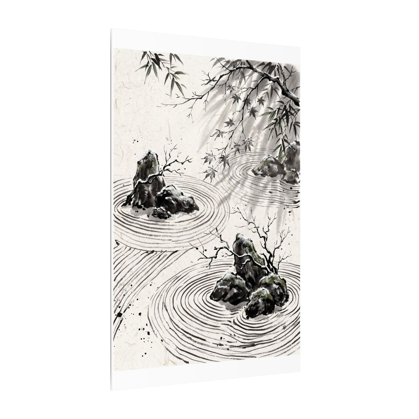 Rock Garden Canvas Art | Winter Zen Sumi E Art