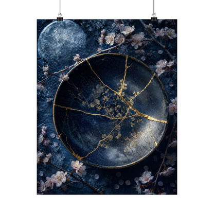 Kintsugi Cherry Blossom in Moonlight | Gold Repair Wall Art Print