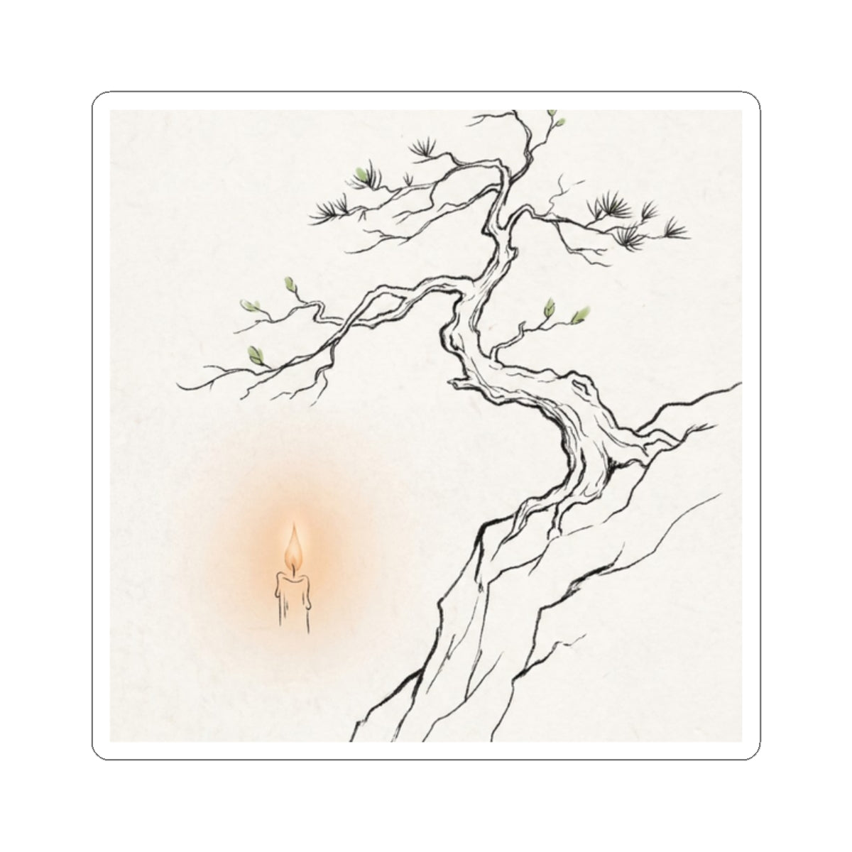 Japandi Pine Tree in Candlelight | Minimal Line Sticker Art Print