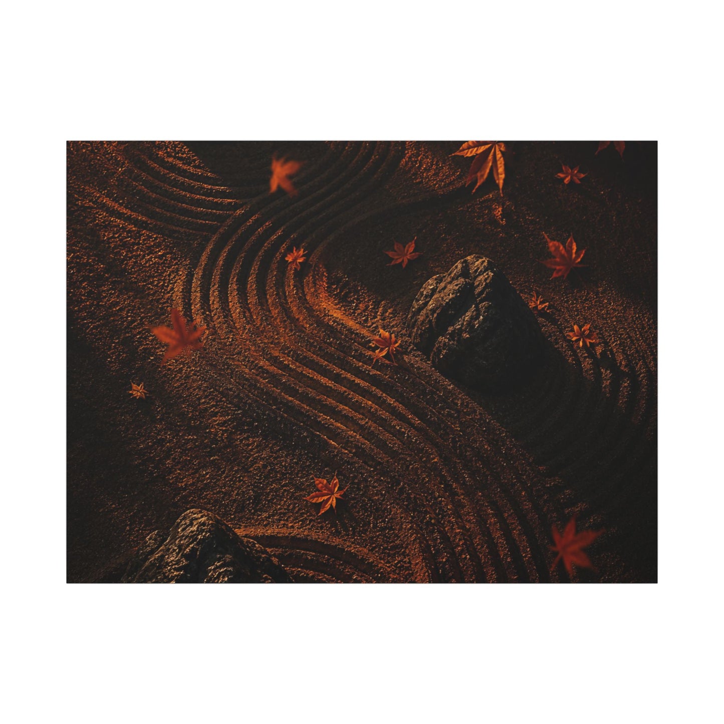 Dark Japandi Rock Garden in Golden Hour | Charcoal Ink Canvas Art