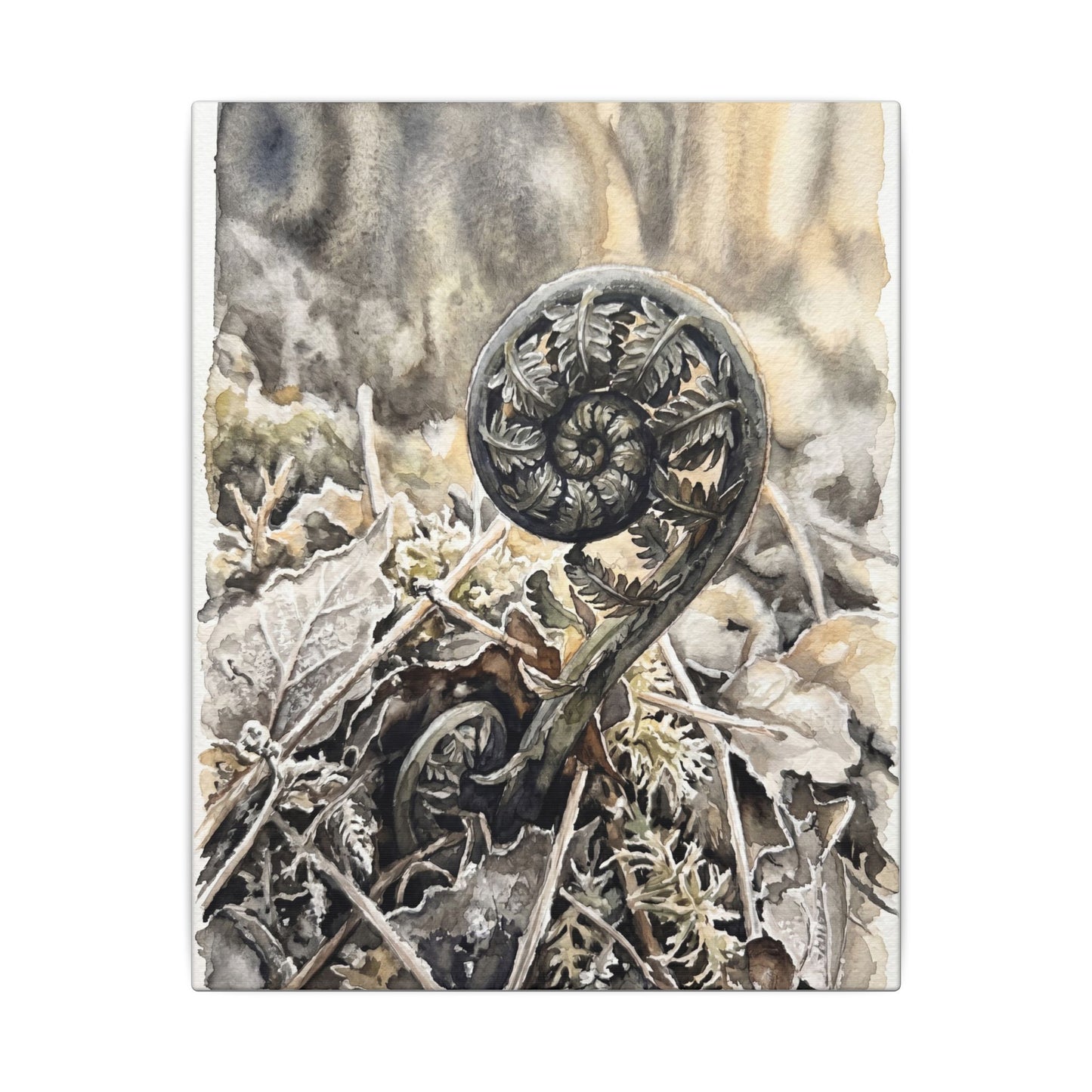 Japandi Fern Unfurling in Golden Hour | Watercolor Canvas Art