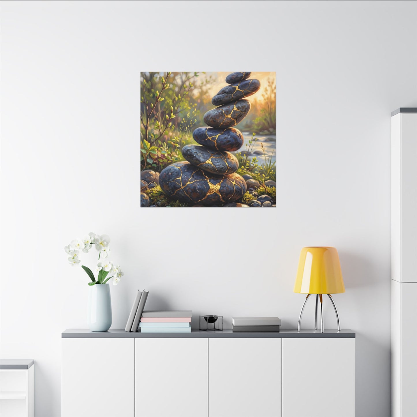 Spring River Stones Gold Repair Canvas Art | Healing Decor