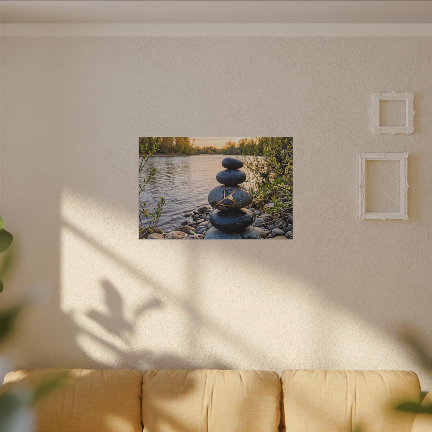 Kintsugi River Stones in Golden Hour | Gold Vein Canvas Art
