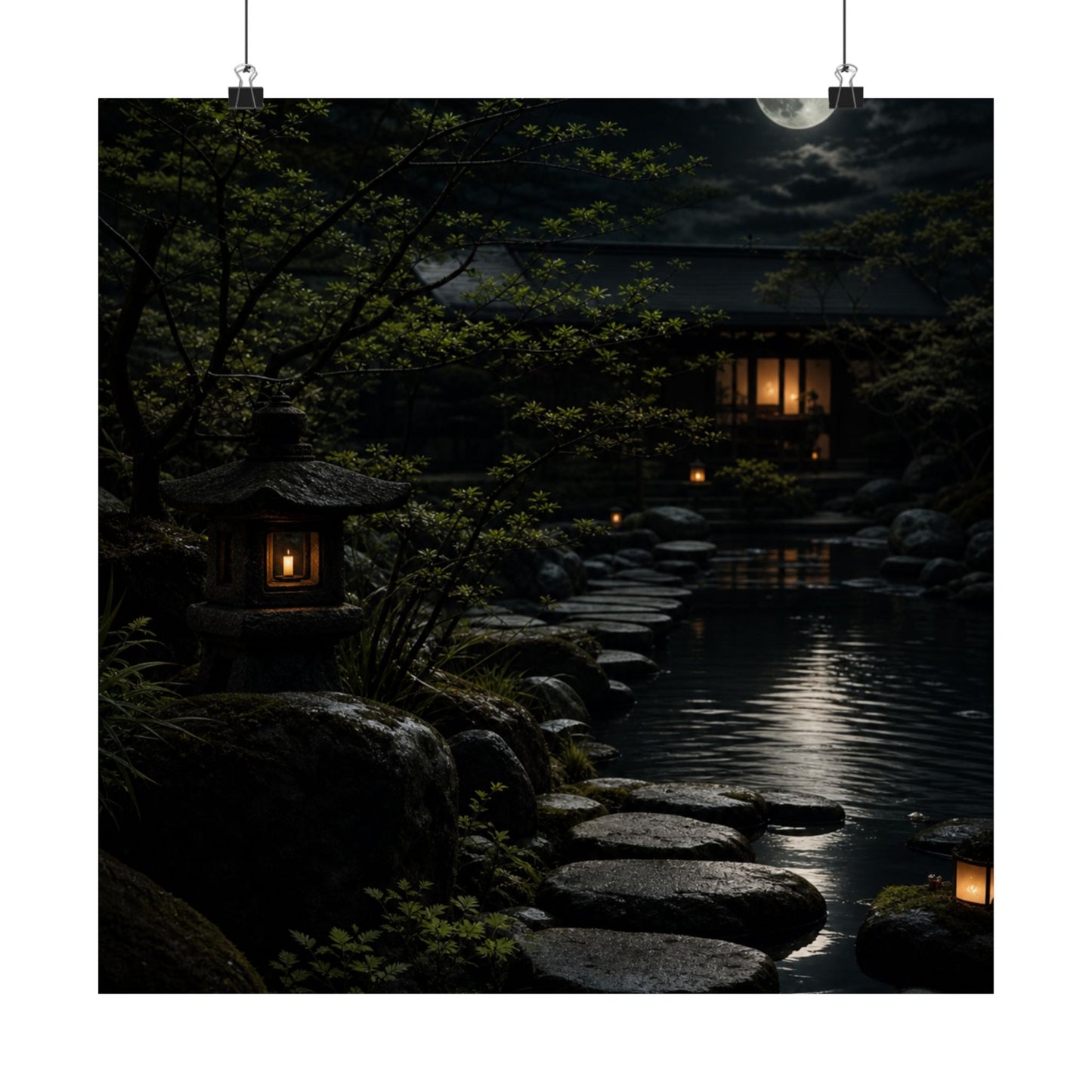 Ma Moonlit Garden Wall Art Print - Dark Japandi Shadow Zen