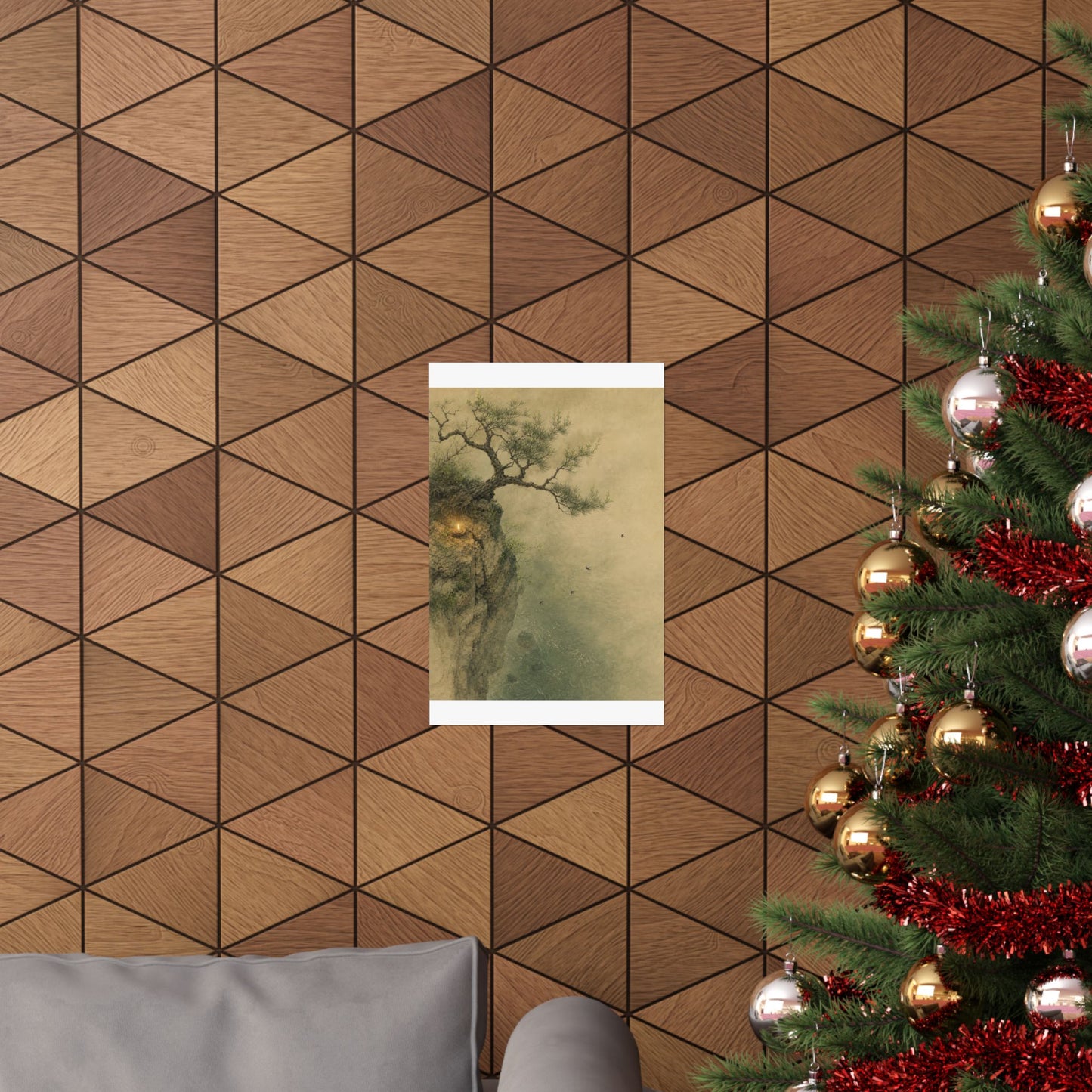 Japandi Pine Tree in Candlelight | Minimal Line Wall Art Print